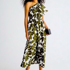 J. Crew Olive and White One-Shoulder Dress